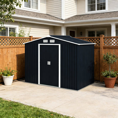 Remise de rangement extérieure pour outils d'entretien de la pelouse, acier galvanisé, conception verrouillable, toit incliné, fentes de ventilation, remise à outils spacieuse pour garage, portes doubles, débit d'air, trousse de fondation