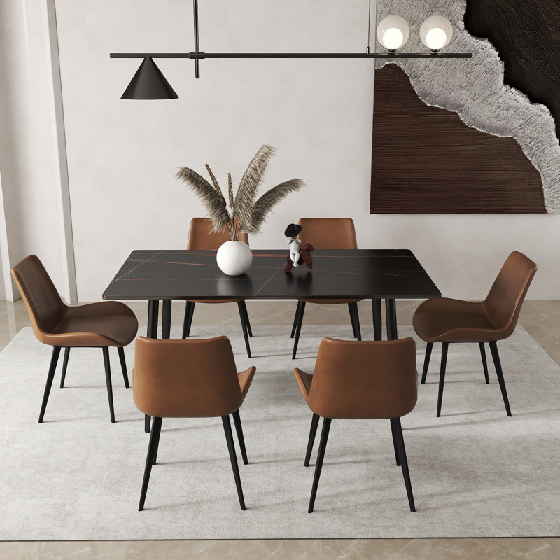 Juvan 7-Piece Modern Rectangular Sintered Stone Dining Table Set With 6 Faux Leather Chairs, Lauren Blackgold, Brown
