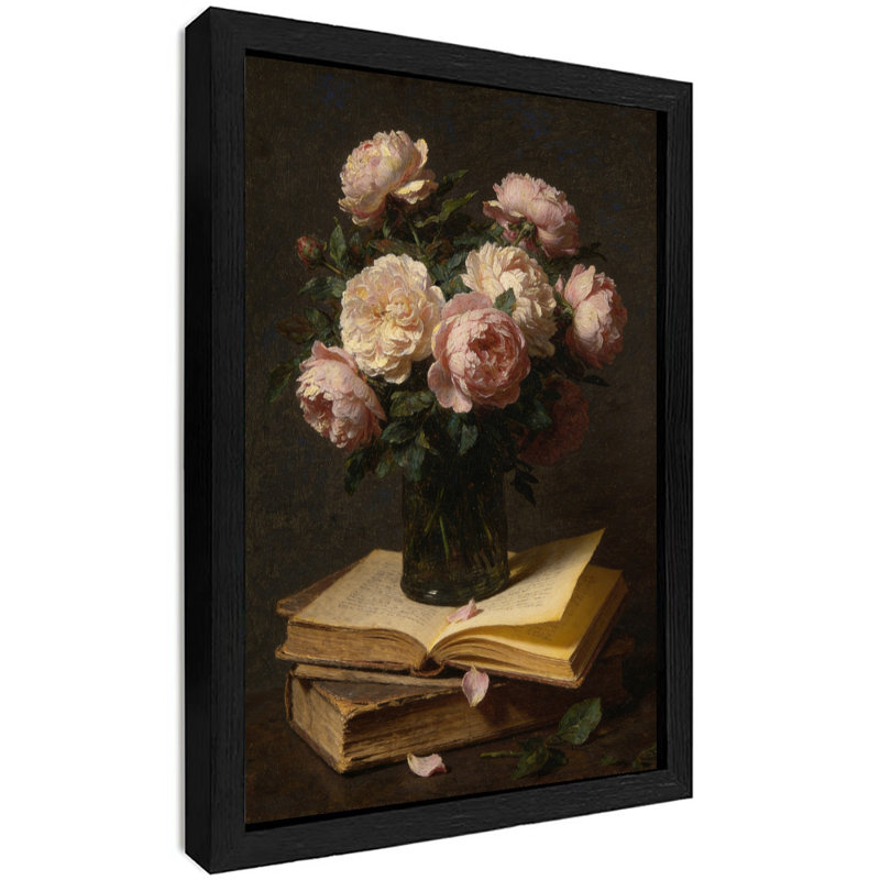Reproduction d'art encadrée noire avec roses rétro en fleurs dans des livres, H 11 po x l 9 po