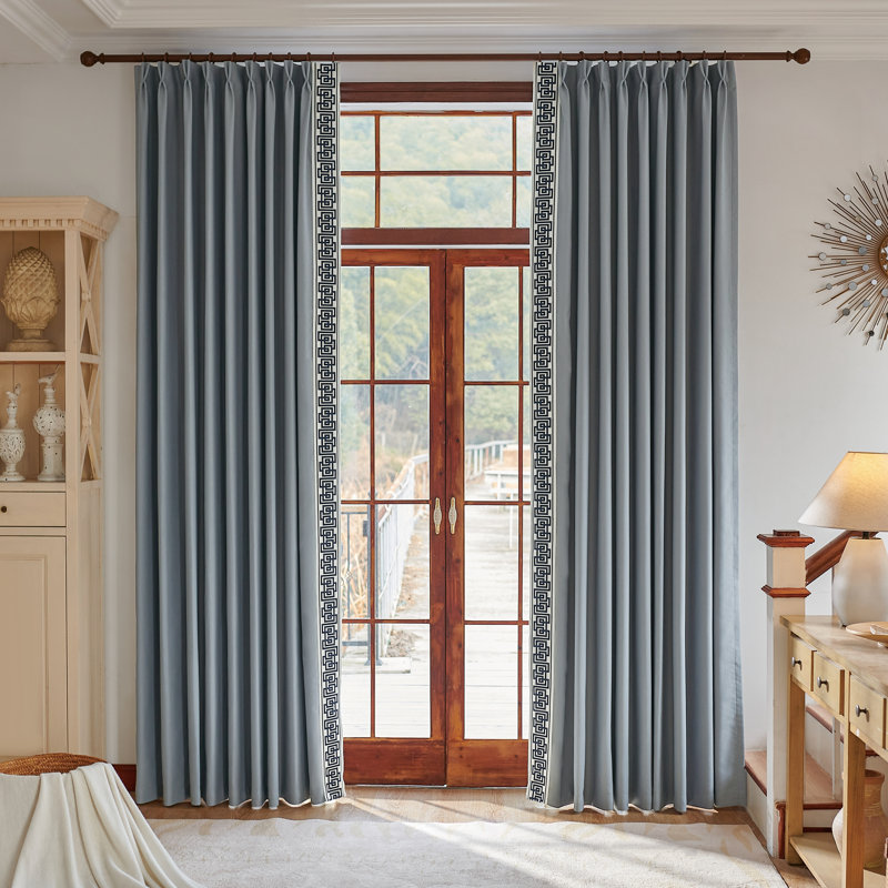 Allison Cotton Blend Room Darkening Curtain Pair (Set of 2), 50" W x 96" L, Gray Fabric/Navy Trim