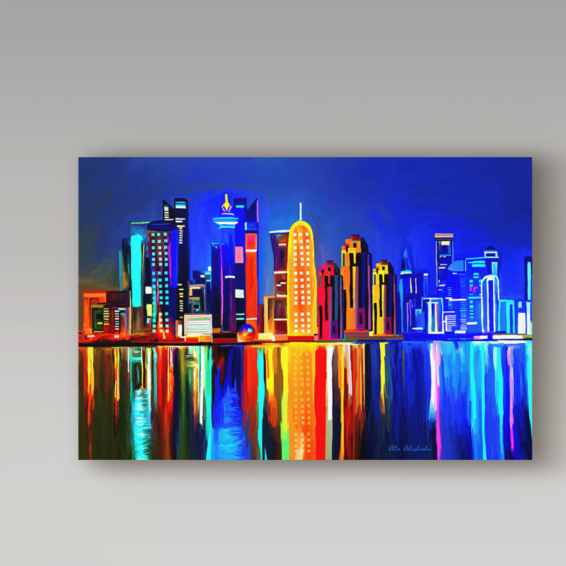 « city light », reproduction de peinture à l’huile sur toile tendue, H 12 po x l 19 po