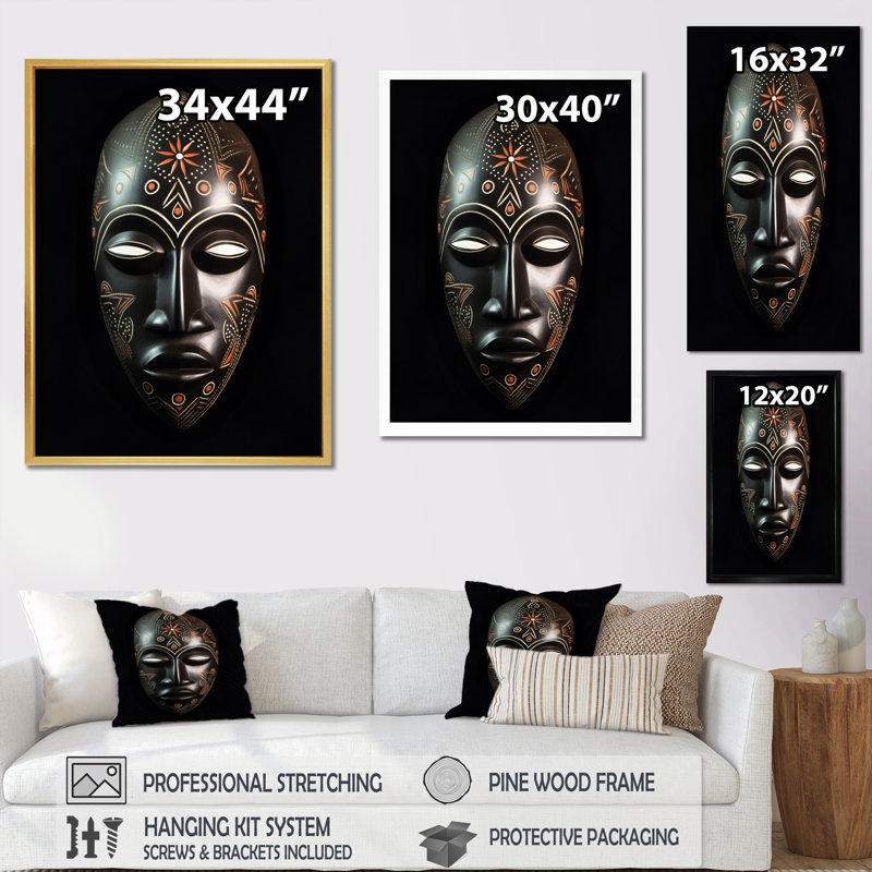Masque africain Ethnical Traditional, H 32 po x l 16 po x P 1 po, Cadre flottant noir