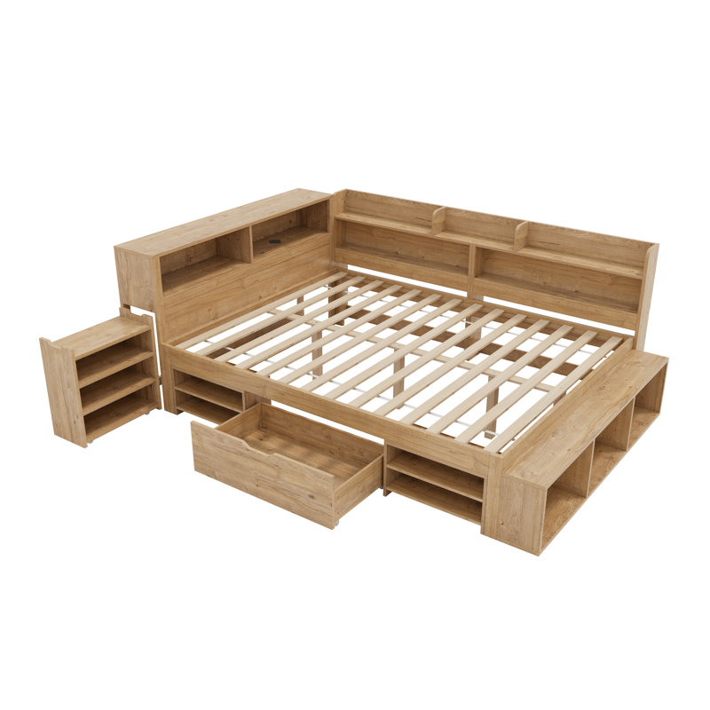 Bed-With Drawers, Bookcase And Storage Cupboard, Natural, Double (4'6)