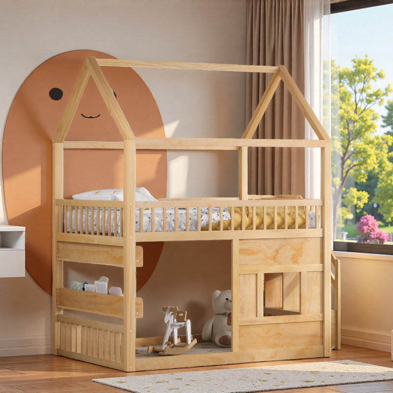 Lit de maison en bois avec lumière de tablette à DEL intégrée, barrières de sécurité et échelle robuste, Naturel