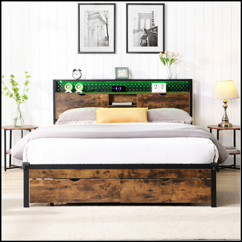 Base de lit plateforme en métal avec tête de lit en bois, chargement USB, tiroirs de rangement, lumières DEL et assemblage facile