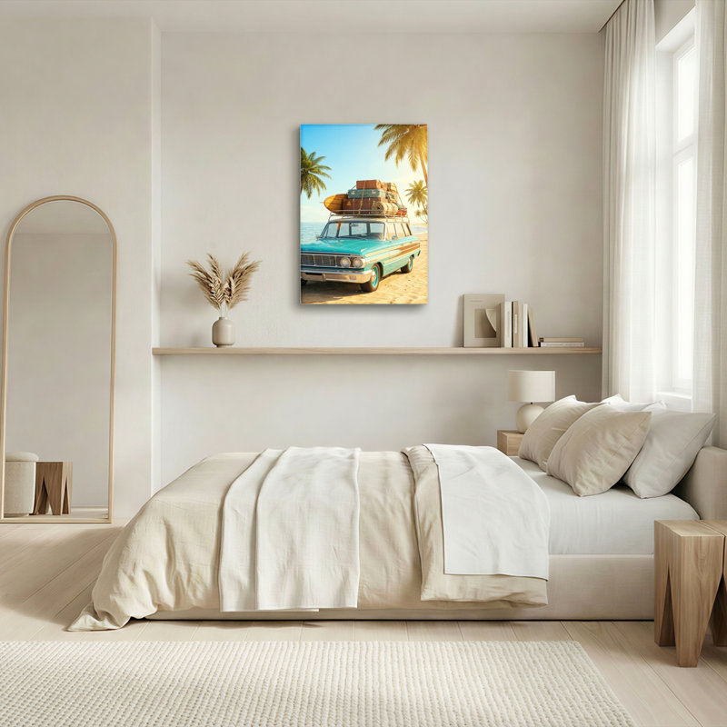 Ensemble de 1 tableau sur toile tendue représentant une scène de plage avec une voiture d'époque, 2030