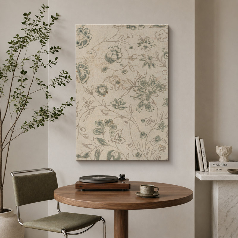 Abstrait botanique rétro fleur verte, illustration rustique moderne salon photos, impression numérique sur toile giclée encadrée