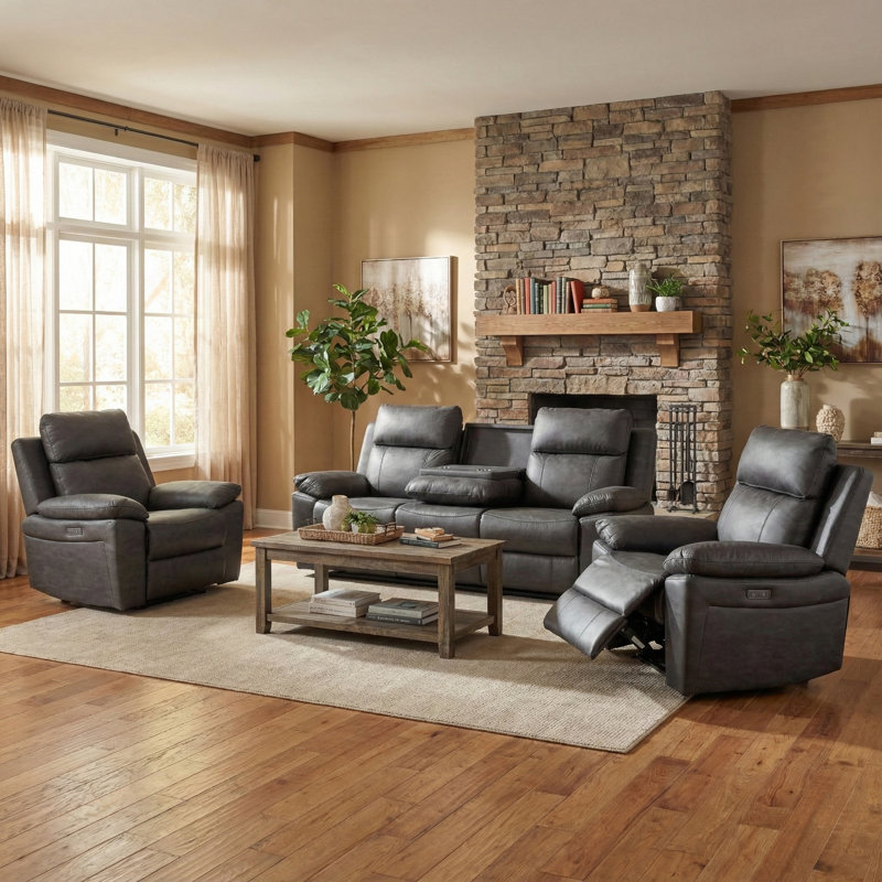 Ceazia 3 Piece Reclining Sofa Set, Dark Grey