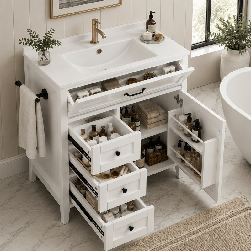 Meuble-lavabo de style campagnard de 76 cm (30 po) avec lavabo en céramique, rangement inclinable, 3 tiroirs et armoire centrale, tablette réglable, porte-serviettes réversible, en pin massif.