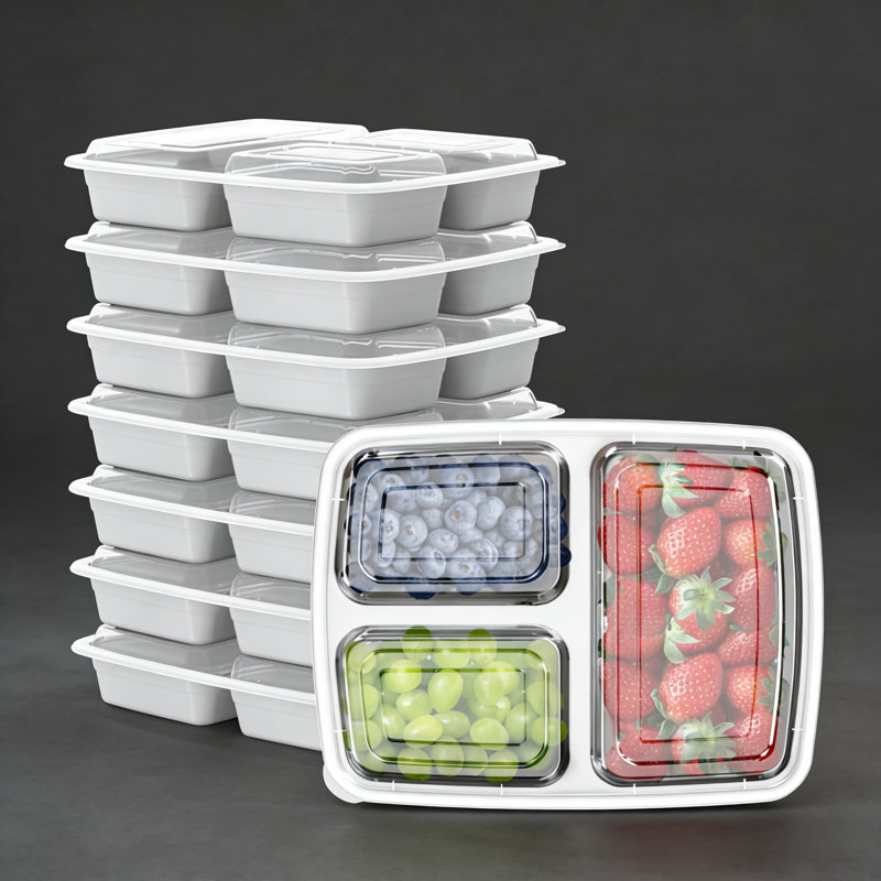 50 Pack (100-Piece) 3-Compartment Meal Prep Containers With Lids, 32 Oz Reusable Plastic Food Storage Containers, Leakproof, Microwave, Freezer, And Dishwasher Safe