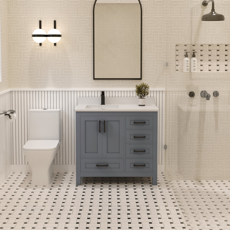 Meuble-lavabo simple 36 po avec plateau en quartz blanc Rooh, Gris, Noir mat