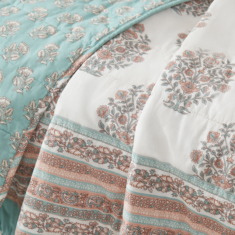 Sofia Flower Block Bouquet Reversible Cotton Throw Blanket Teal/Clay Single 50x60