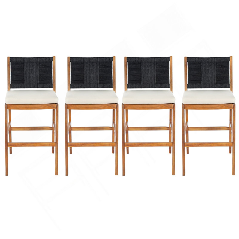 4 pièces Tabouret de bar extérieur noir en bois d'acacia massif et osier tissé Arly