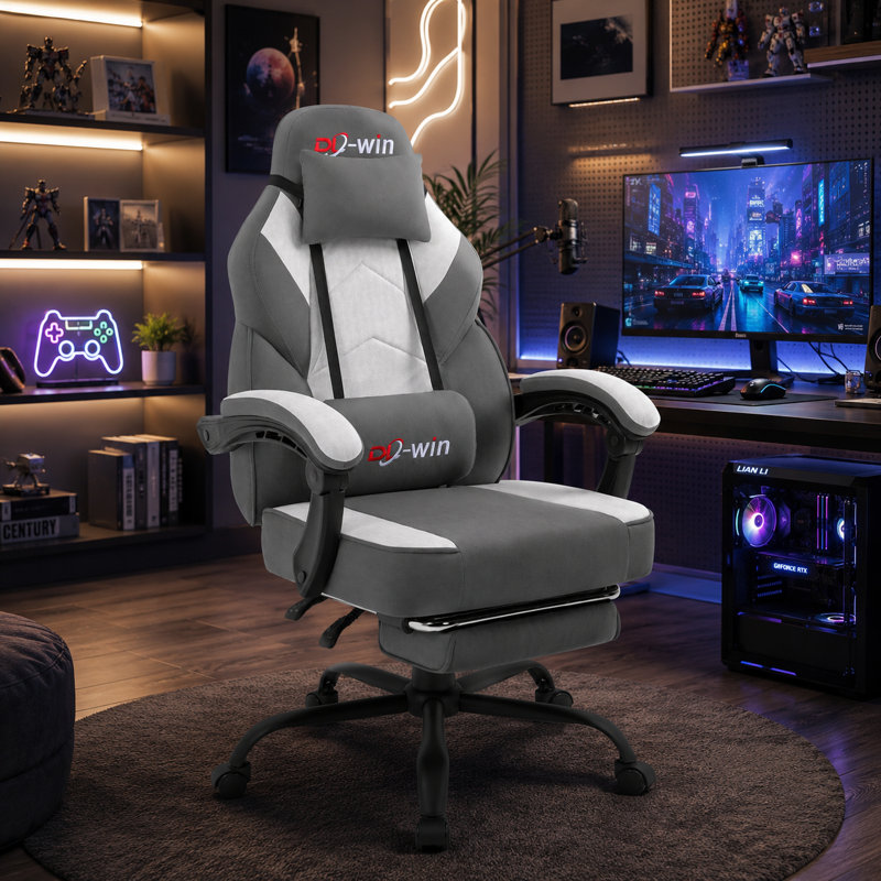 Adjustable Reclining Ergonomic Fabric Gaming Chair with Footrest and Lumber Support, Gray