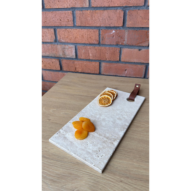 Leather Decorated Travertine Rectangular Presentation Tray, Ivory