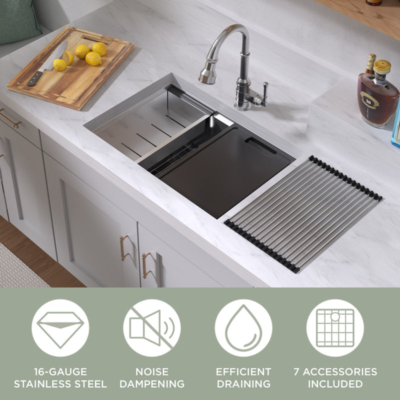 Évier de bureau encastré à simple cuve en acier inoxydable de calibre 16 avec accessoires 27 "Whitehaus, 27"
