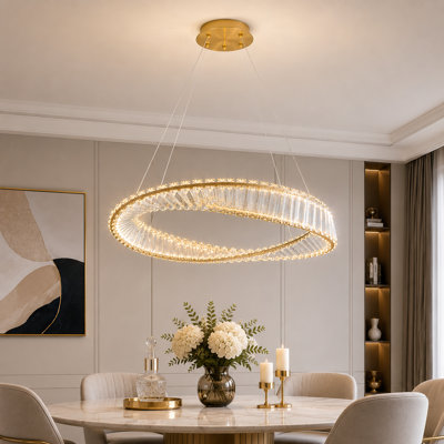 Modern Gold Crystal LED Ring Chandelier, Dimmable Infinity Circle Ceiling Light Fixture with Adjustable Height for Dining Room Living Room