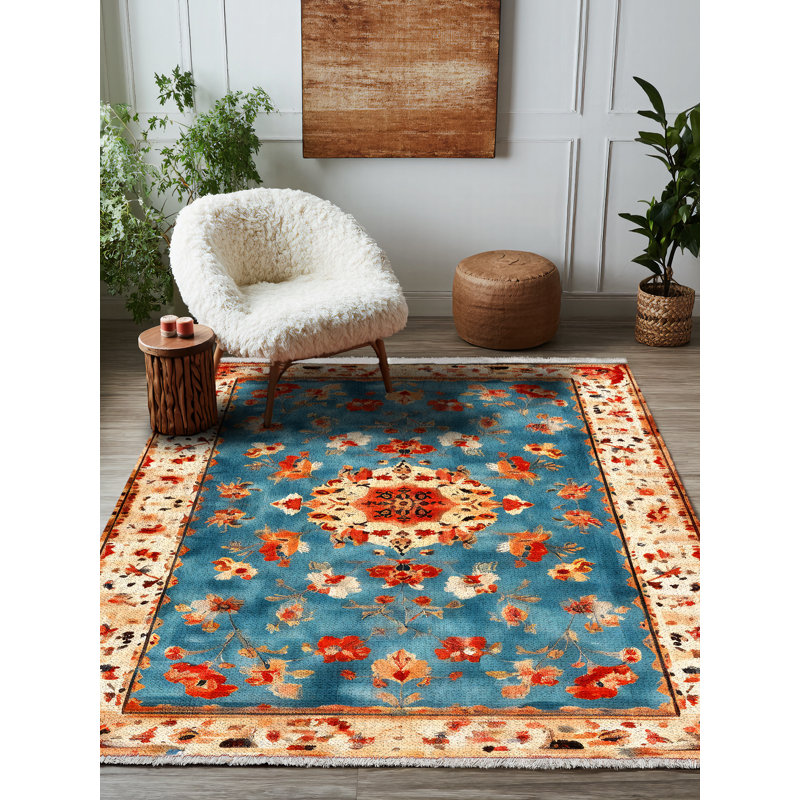 Tapis en mélange de coton et polyester à imprimé numérique Larissa Collection - Bleu sarcelle et rouge, Rond 3 pi 4 po