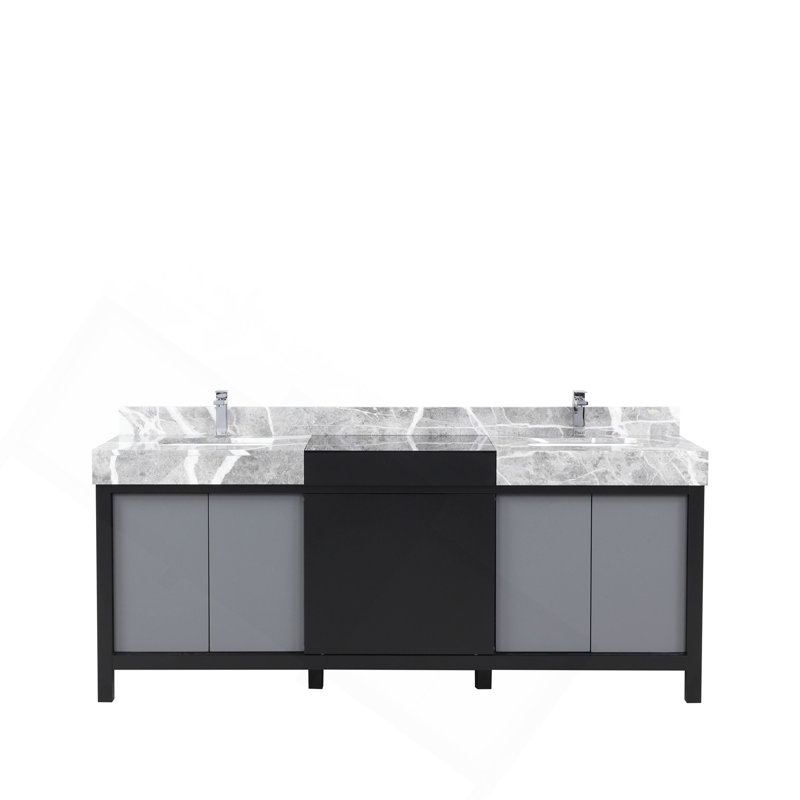 Meuble-lavabo double noir et gris 80 po X P 22 po D, ensemble de dessus en marbre gris et robinet chromé