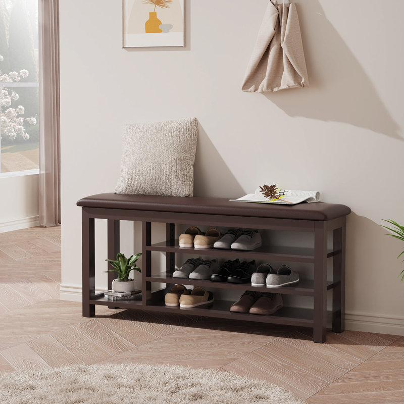 Étagère à chaussures en cuir à 3 niveaux avec structure en bois d'hévéa et hauteur réglable - parfaite pour les vestibules et les vestibules