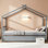 Lit simple gris en bois avec lit gigogne simple, lit plateforme pour enfants avec toit et rails de sécurité