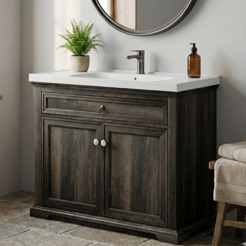 36" Freestanding Farmhouse Bathroom Vanity Set With Integrated Ceramic Sink, Faucet & Drain Included, Rustic Wood Cabinet