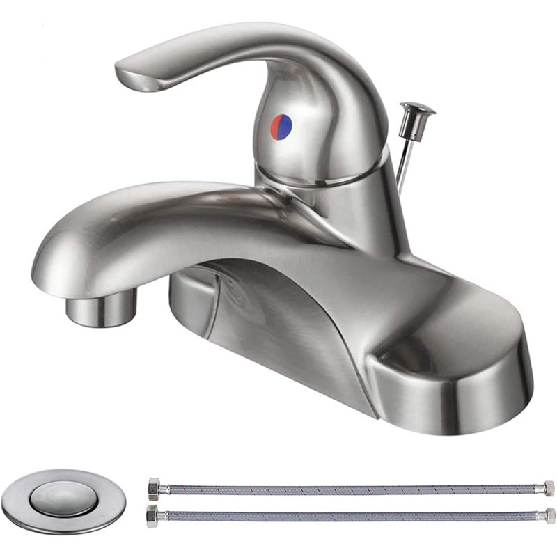 Bathroom Faucet 1 Handle Low Arc Single Handle 4 Inch Centerset Bathroom Sink Faucet With Pop Up Drain Assembly Basin Mixer Tap Brushed Nickel Vanity Faucets