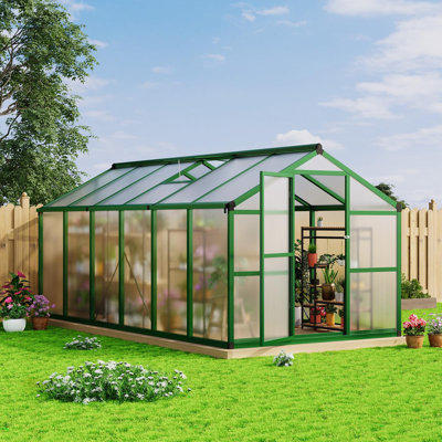 8' x 12' Walk-In Outdoor Greenhouse with Polycarbonate Panels, Aluminum Frame, Roof Vent, Lockable Door, and Rain Gutter for Garden and Backyard