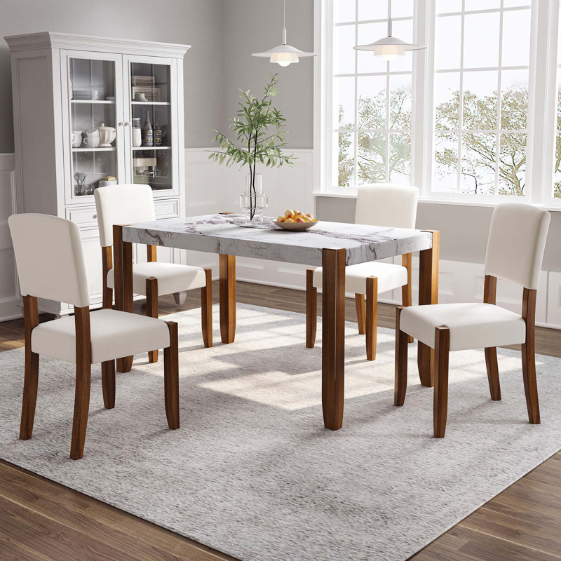 Ensemble de mobilier de salle à manger moderne 5 pièces, coin repas pour 4 personnes pour la cuisine, table de style faux marbre de 46 po et 4 chaises rembourrées avec pieds en bois d'hévéa massif