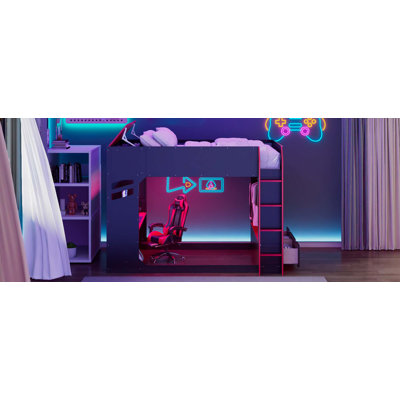 Lit mezzanine double en bois avec bureau réglable en hauteur, tiroirs de rangement, compartiments de rangement, tringle à suspension et lumières RVB