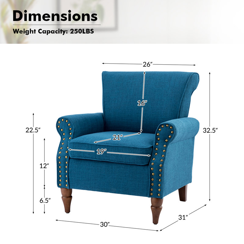 Fauteuil rembourré 30 po avec pieds en bois massif Mooresville, Polyester marine