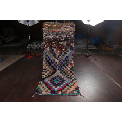 Tapis de couloir en laine noué à la main des années 1980 de conception unique 3 pi 1 po x 8 pi 4 po Tapis décoratif brun/bleu