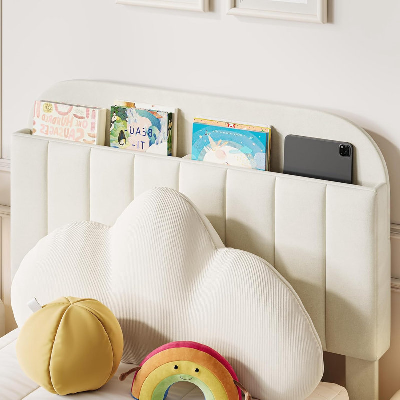 Upholstered Platform Bed With Large Storage Drawer And Bookcase Headboard, Twin, White