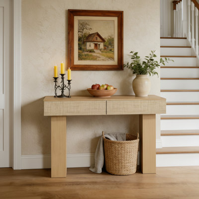 Console de 45,1 po avec 2 tiroirs en rotin et table d'entrée étroite