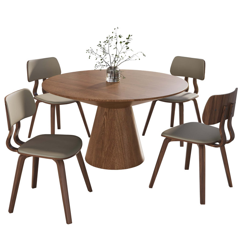 5-Piece Dining Set Round Dining Table With Ash Wood Top And 4 Leather Dining Chairs In Stained Wooden Legs, Brown/Walnut