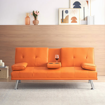 67" Orange Leather Office Sofa Bed, Double Fold, With Coffee Table, Multifunctional