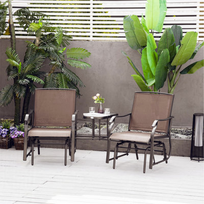 Outdoor Glider Chairs With Coffee Table, Patio 2-Seat Rocking Chair Swing Loveseat With Breathable Sling For Backyard, Garden, And Porch, Coffee Brown