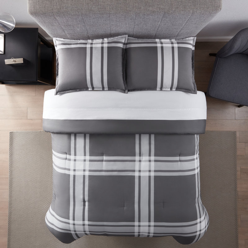 Serta Simply Clean Jax Plaid Antimicrobial 2-Piece Comforter Set, Queen Comforter + 2 Standard Shams, Charcoal/Black