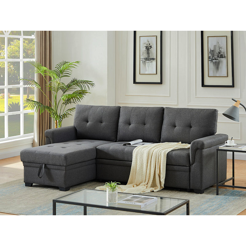 Canapé modulaire réversible en lin gris foncé de 84 po avec méridienne avec rangement Jardin, Lin gris foncé