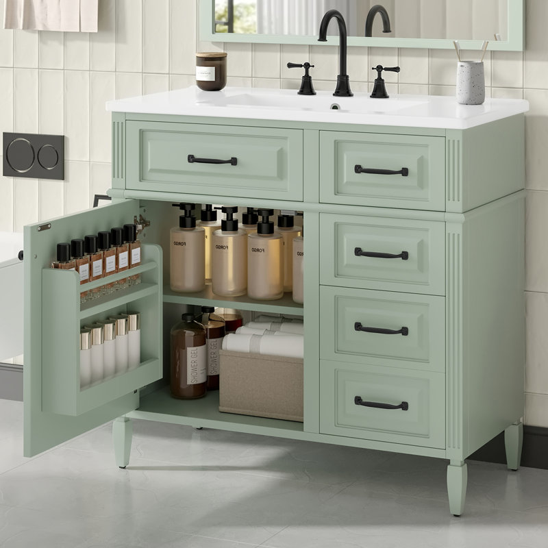 Meuble-lavabo autoportant avec tiroirs et tablette, Vert
