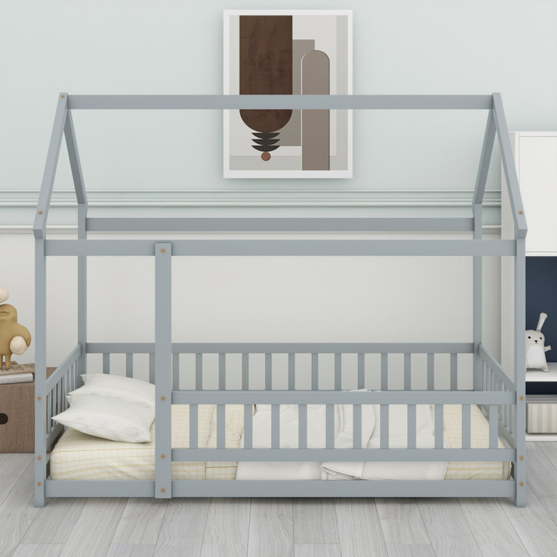 Lit en bois avec structure de toit et garde-corps de sécurité, Gris