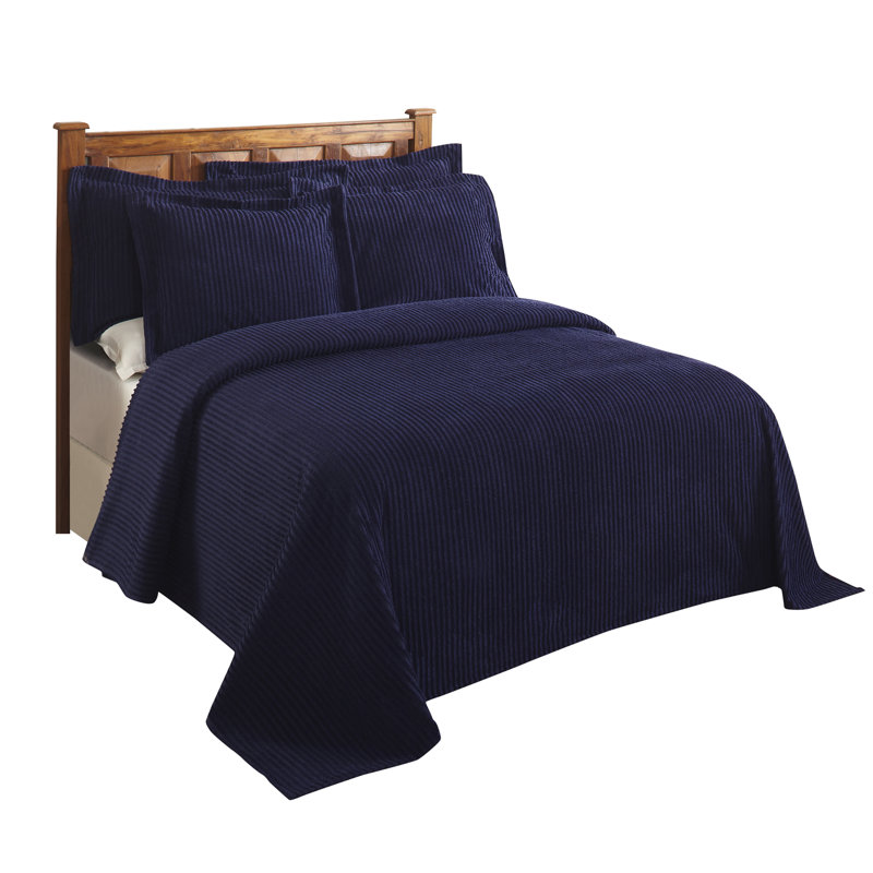 Couvre-lit touffeté en chenille 100% coton Jullian, motif rayé classique, couvre-lit doux et respirant, lavable à la machine toutes saisons, certifié OEKO-TEX, taille simple, bleu marine