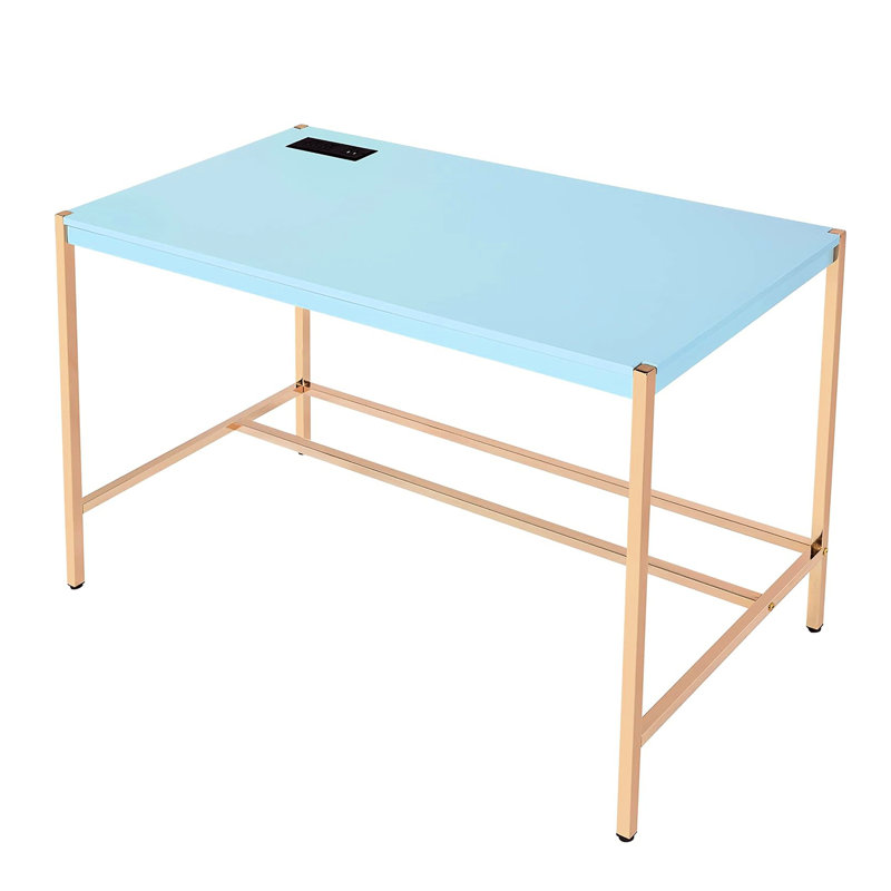Bureau d'écriture rectangulaire bleu doré avec construction fixe intégrée, finition brillante, plateau en bois blanc et base en métal ouverte, largeur de produit de 20 pouces avec port, largeur ultrabrillante