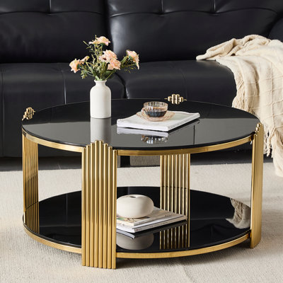 Table basse moderne, verre trempé noir à double couche et structure en acier inoxydable doré, assemblage facile, élégant et fonctionnel