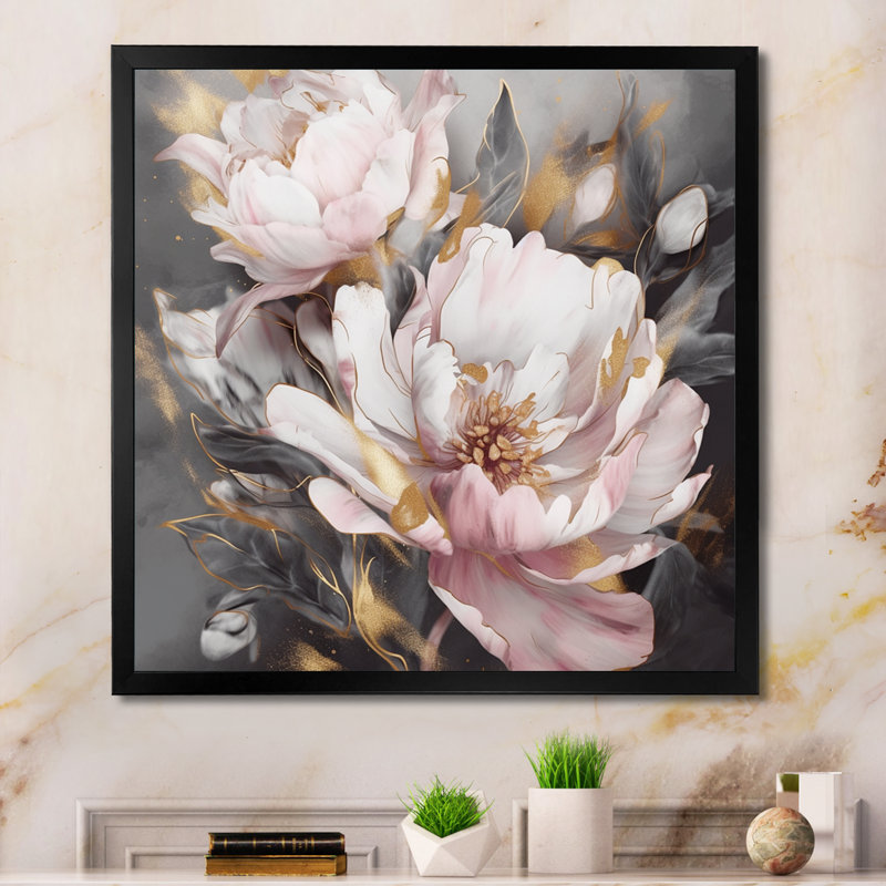 Rose, gris, pivoines, élégance II - pivoines, reproductions encadrées, Impression encadrée, H 16 po x l 16 po, Black