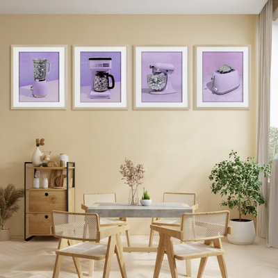 Ensemble d'ustensiles de cuisine disco en mauve, ensemble de 4 impressions encadrées sous verre, design par Lish Creative