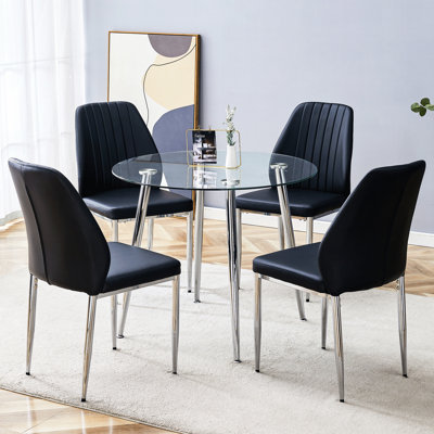 Table de salle à manger ronde moderne 36 pouces avec verre trempé transparent et pieds en métal stables, 4 chaises en polyuréthane noires, pieds lombaires à hauteur ajustable, pieds argentés transparents