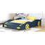 Lit plateforme double en forme de voiture de course avec roues et rangement, bleu foncé et jaune