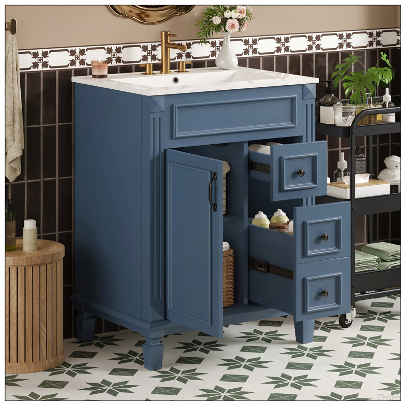 Meuble-lavabo 24 po avec lavabo en céramique, petite armoire de salle de bain, armoire moderne avec 2 tiroirs et tablette réglable
