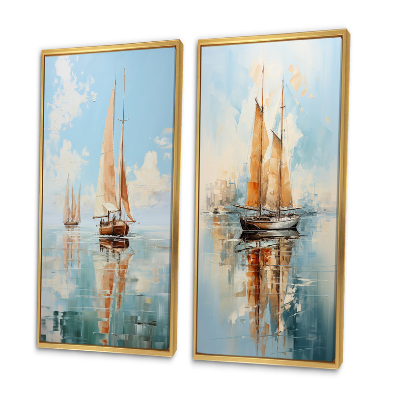"Minimalisme voilier serein" 2 pièces, Encadrement doré, H 40 po x l 40 po